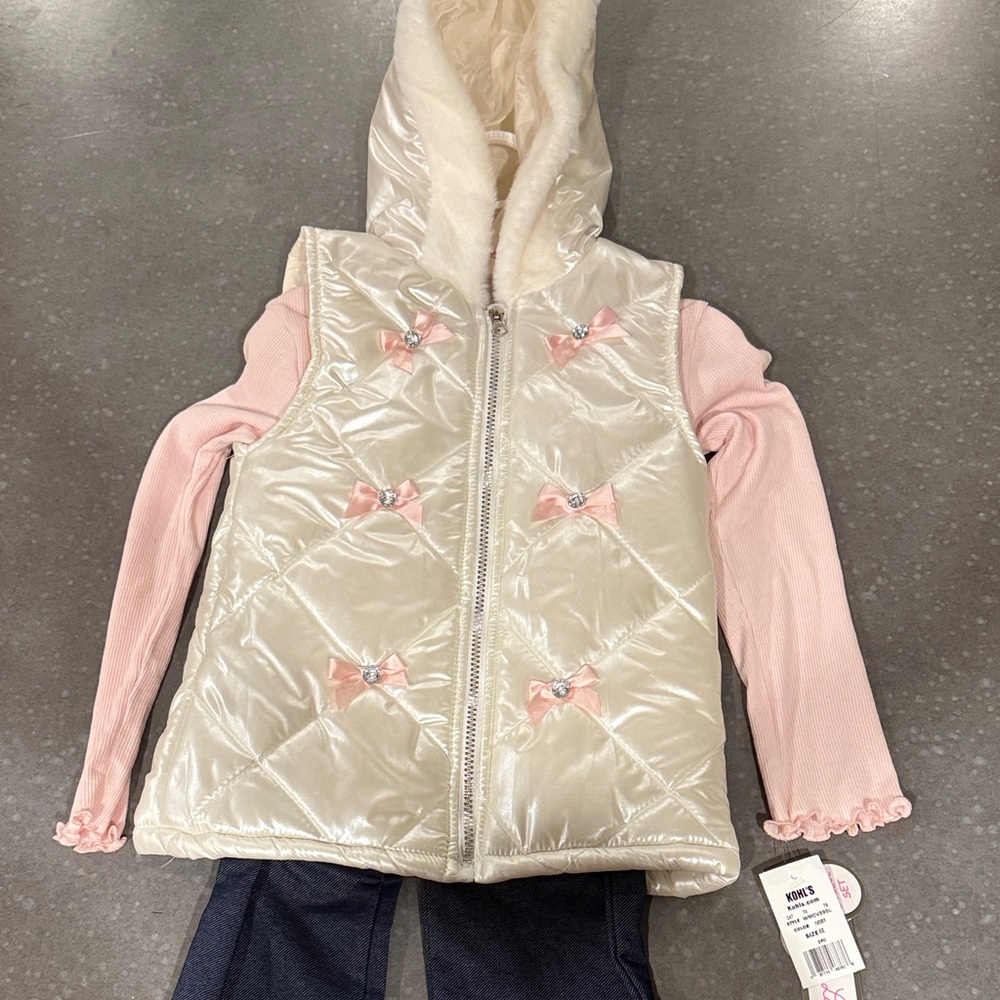Kids 3 Piece Set Hooded Vest with Pink Bows Bejeweled Wide Leg Jean Leggings